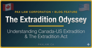 Graphic illustrating Canada-US extradition law showing a map of Canada and the United States with a balance scale of justice and provisional arrest handcuffs.
