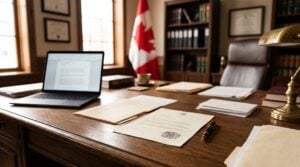 An immigration lawyer's desk with a laptop showing a spreadsheet and a stamped visa refusal letter, Canadian flag softly blurred in background