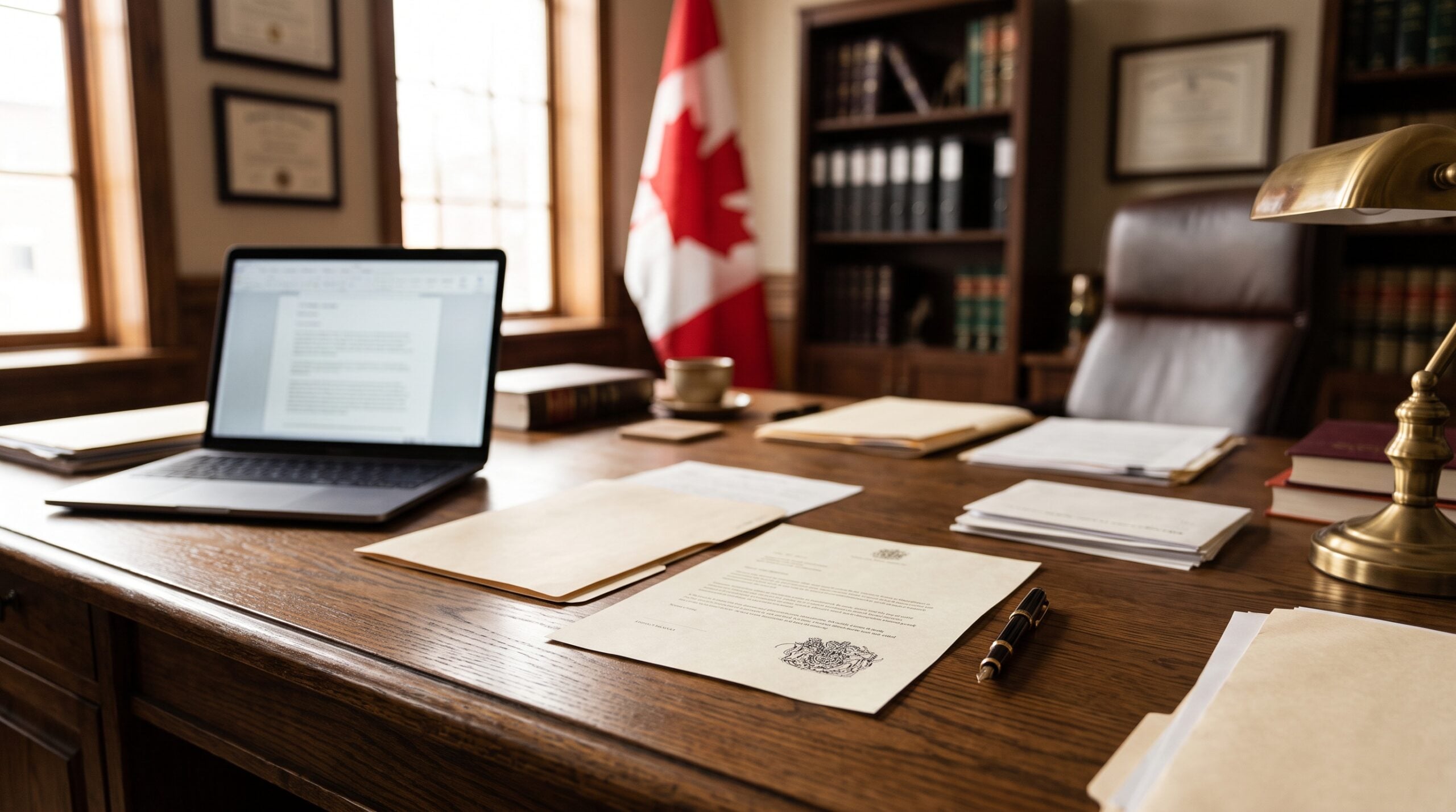 An immigration lawyer's desk with a laptop showing a spreadsheet and a stamped visa refusal letter, Canadian flag softly blurred in background