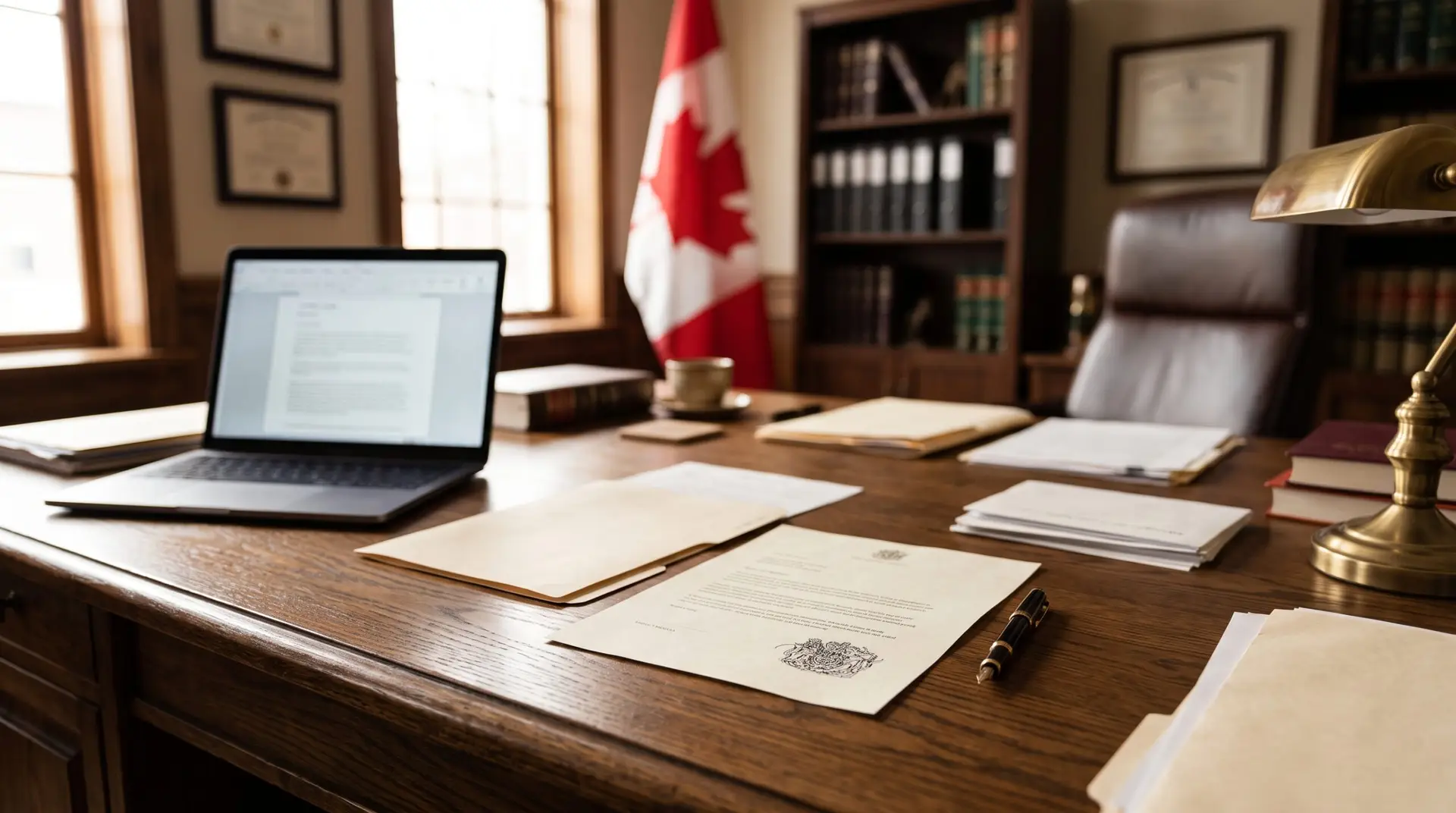 An immigration lawyer's desk with a laptop showing a spreadsheet and a stamped visa refusal letter, Canadian flag softly blurred in background