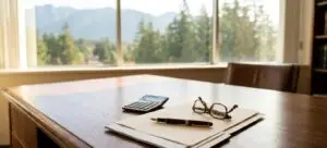 Wooden law office desk with an estate folder, fountain pen, calculator and reading glasses, with a window view of British Columbia mountains and evergreen trees