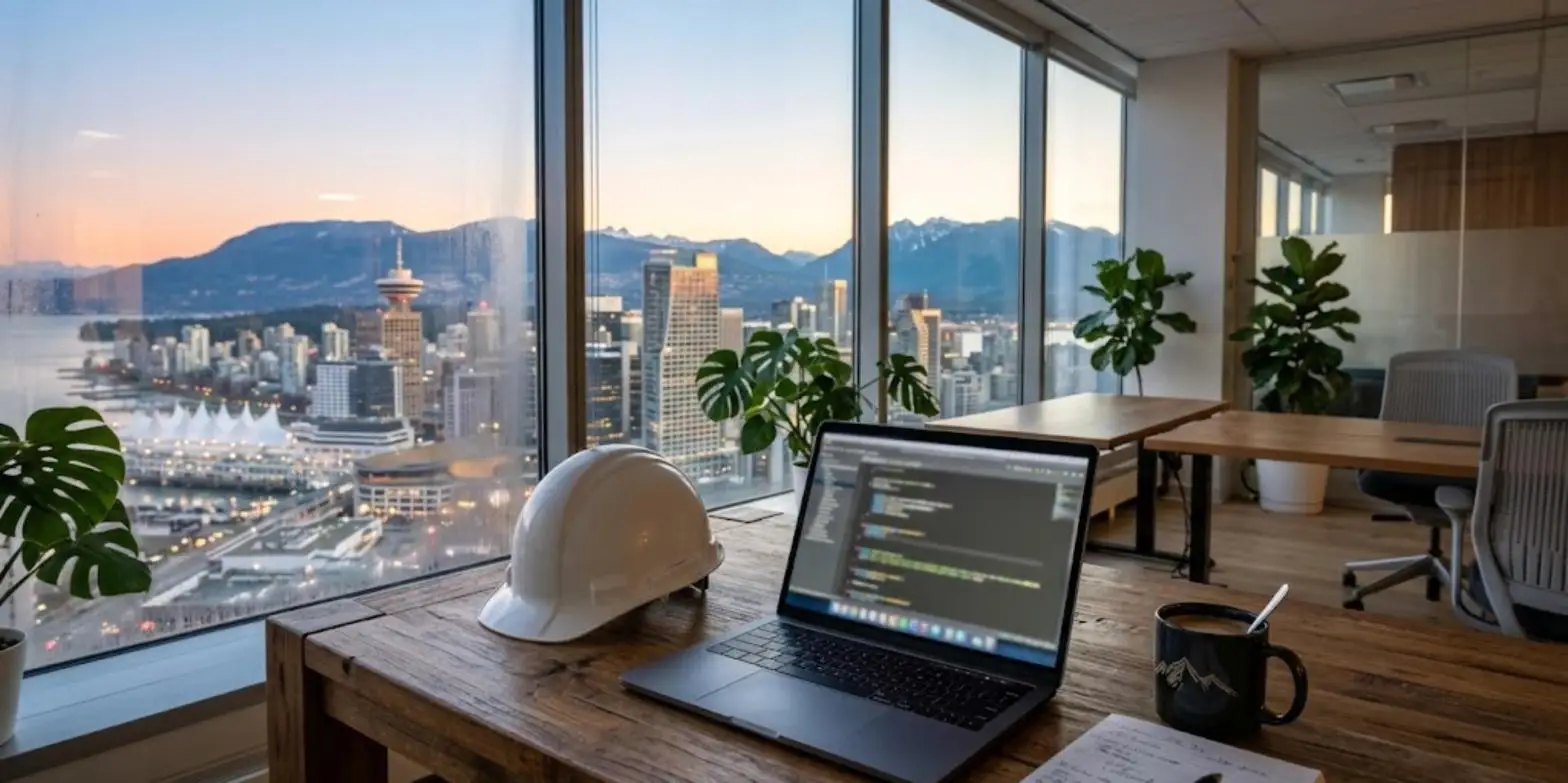 Desk with a hard hat, laptop and coffee mug overlooking the Vancouver skyline at dawn