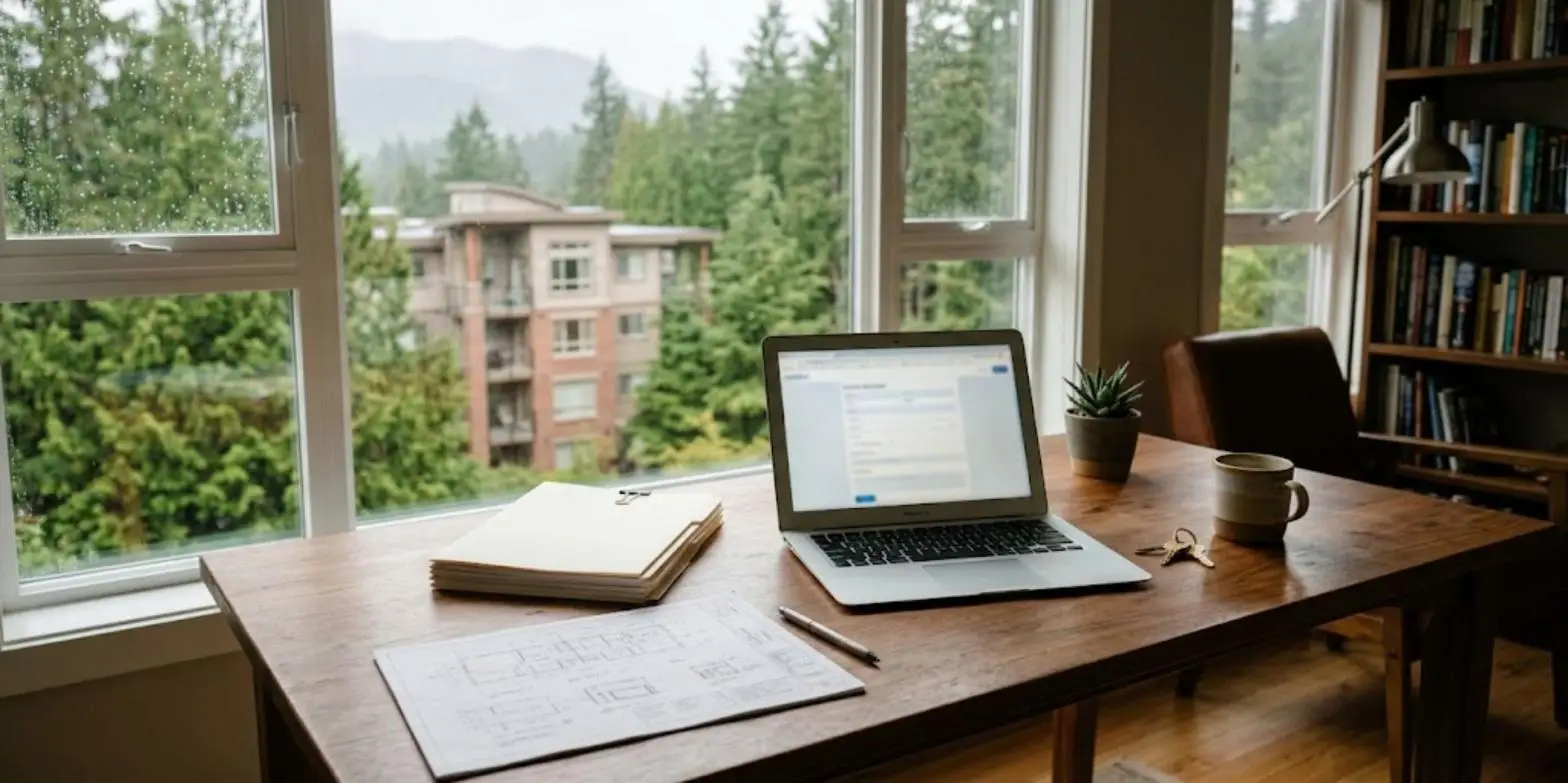 Home office desk in British Columbia with a laptop open to an online form, documents and a building plan, representing an online Civil Resolution Tribunal dispute
