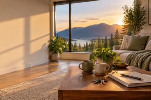 Bright North Vancouver living room at golden hour with two mugs, house keys and a folder of papers on a wooden table, mountains through the window
