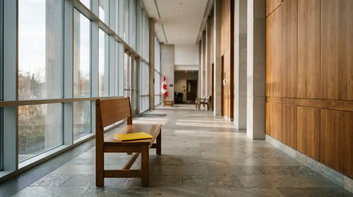 Quiet Canadian courthouse corridor with an empty wooden bench and a yellow file folder
