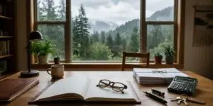 Estate ledger, papers, calculator and keys on a desk by a rainy window in British Columbia, illustrating executor fees in BC