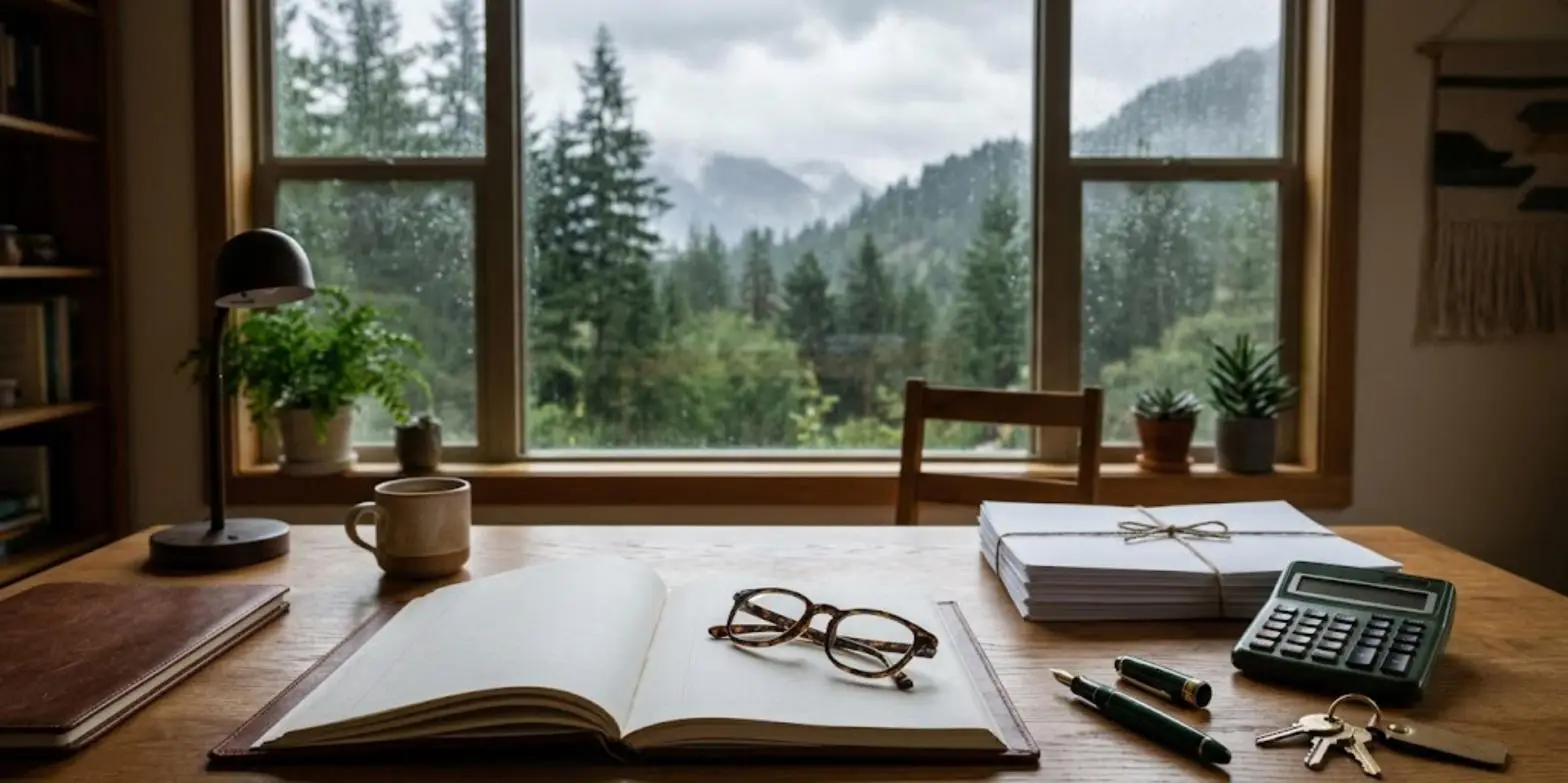 Estate ledger, papers, calculator and keys on a desk by a rainy window in British Columbia, illustrating executor fees in BC