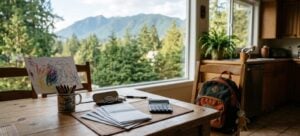 Kitchen table in a North Vancouver family home with household bills, a calculator, reading glasses and a child's drawing, with evergreen trees and the North Shore mountains outside the window