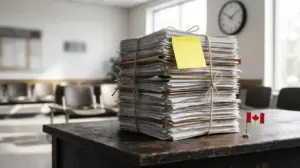 Stack of immigration application files tied with string on a desk in a Canadian government waiting room