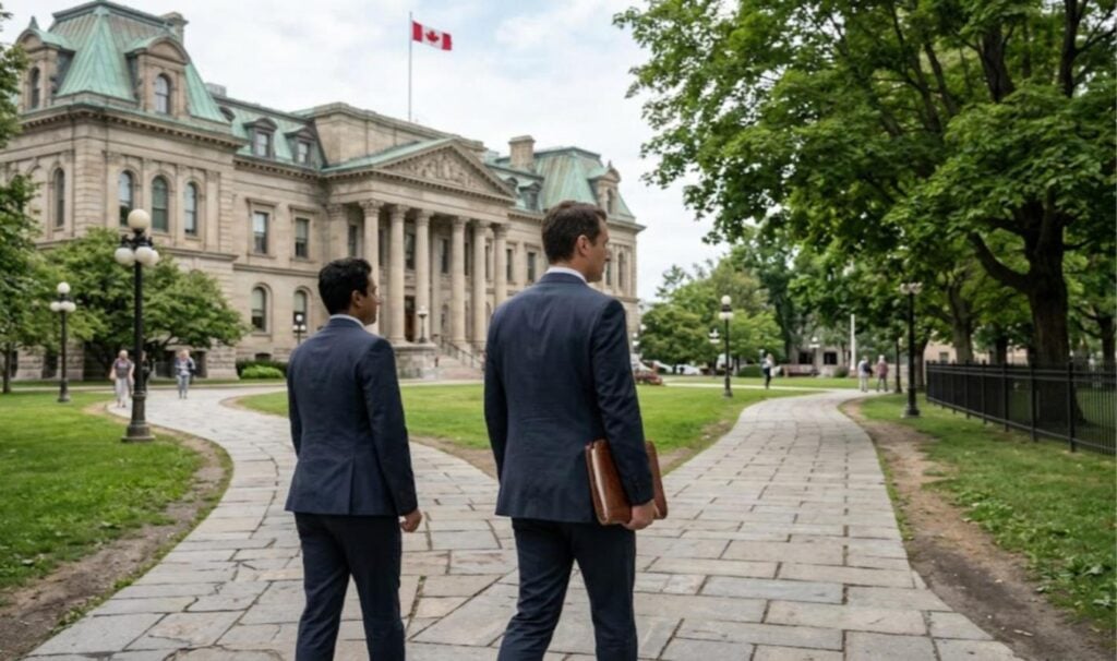 Two paths diverging in front of the Federal Court of Canada building in Ottawa, with documents in a lawyer's hand in the foreground