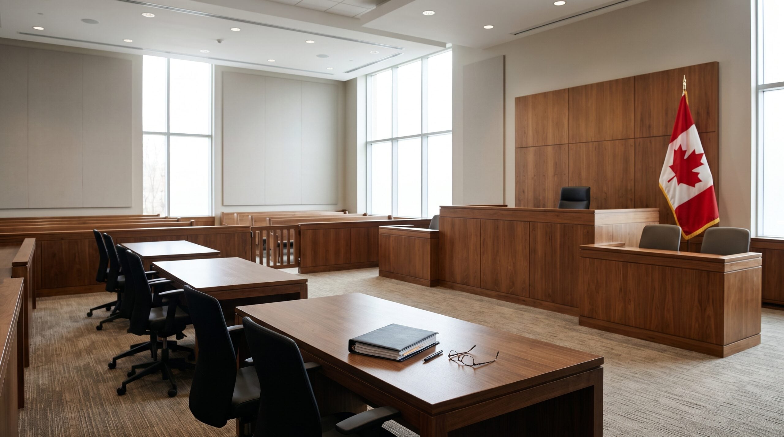 Empty Canadian courtroom with judge's bench and Canadian flag, illustrating judicial review of immigration decisions