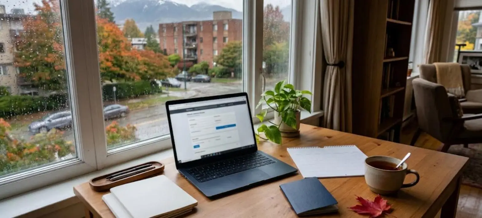 Desk by a rainy window in a Canadian home with a laptop, plain passport and blank calendar, illustrating an application to extend temporary resident status