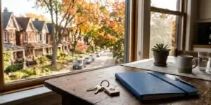 House keys and a closing folder on a kitchen table overlooking a tree-lined Toronto street of brick homes in autumn