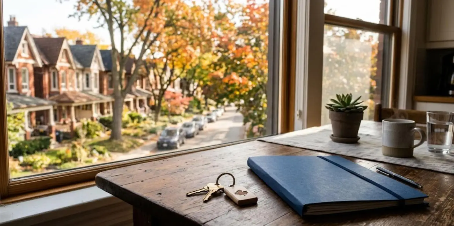 House keys and a closing folder on a kitchen table overlooking a tree-lined Toronto street of brick homes in autumn