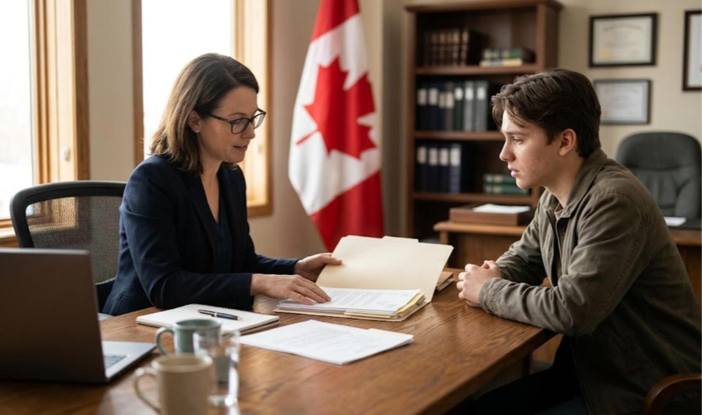 Lawyer reviewing a refugee claimant's documents in a Canadian law office