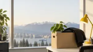 Cardboard office box with a plant and a folded jacket on a desk overlooking Vancouver, illustrating severance pay in BC after a job ends