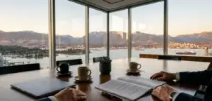 Boardroom table with a bound shareholder agreement, fountain pen and coffee cups overlooking Vancouver harbour and the North Shore mountains