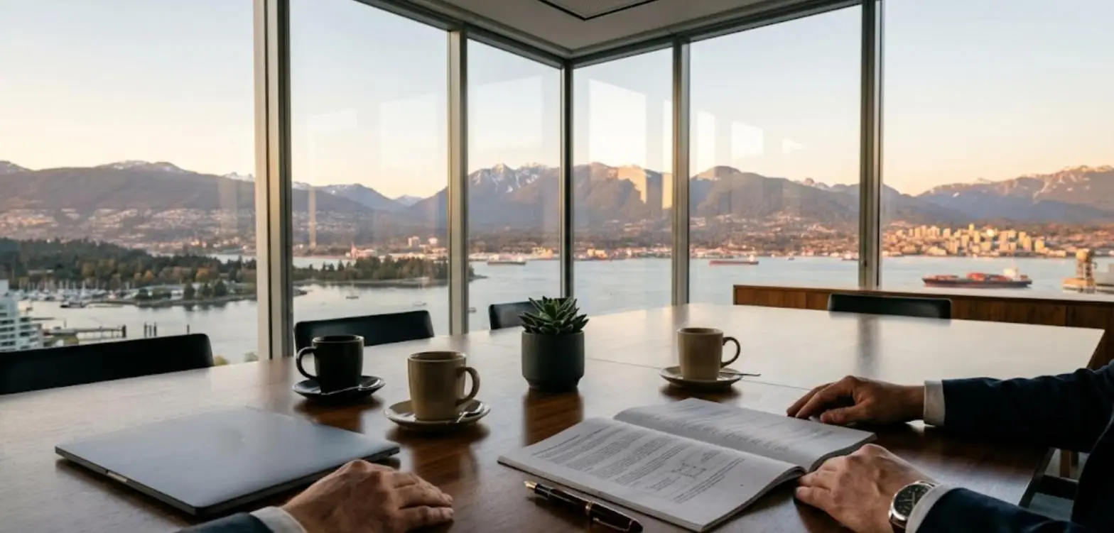 Boardroom table with a bound shareholder agreement, fountain pen and coffee cups overlooking Vancouver harbour and the North Shore mountains