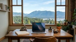 Small business workspace in North Vancouver with a laptop, documents and a corporate seal on a wooden desk, North Shore mountains through the window