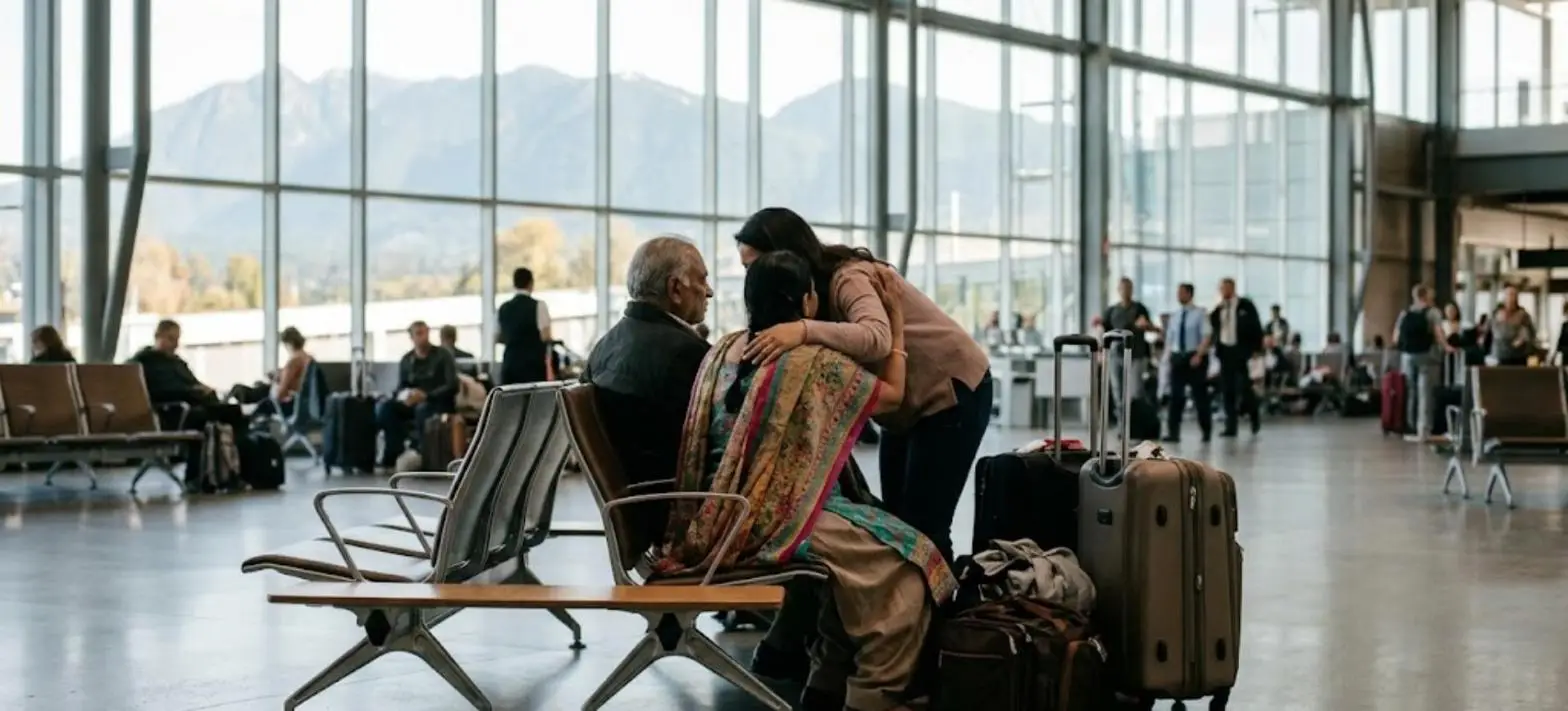 Elderly parents embraced by their adult daughter on an airport bench beside luggage, with mountains visible through the arrivals hall windows