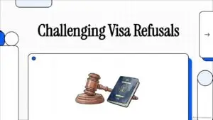 Title slide of the explainer video Challenging Visa Refusals, showing a judge's gavel next to a passport